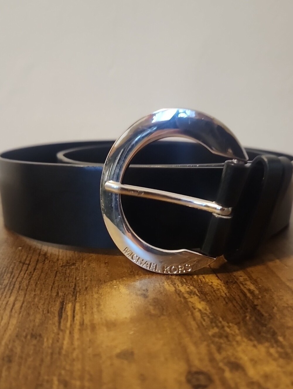 Michael Kors Black Belt with Silver Curved Logo Buckle